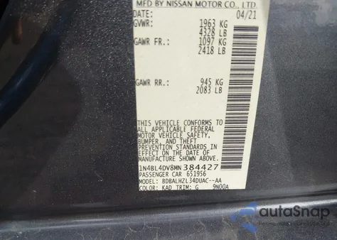 2021 Nissan Altima Sv Fwd from USA, damaged, VIN 1N4BL4DV8MN384427
